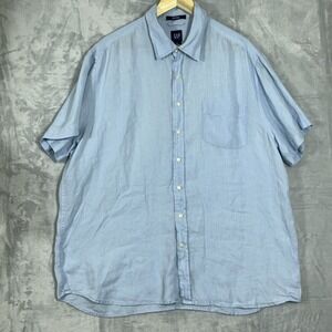 Gap Mens 100% Linen Short Sleeve Shirt XL Blue Fitted Coastal Comfort Vacay
